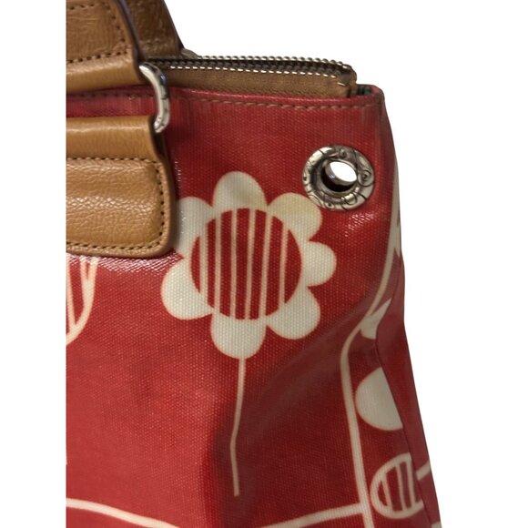 Brighton Red Floral Tote Bag With Tan Handles & Striped Interior Charm Heart - Picture 11 of 16